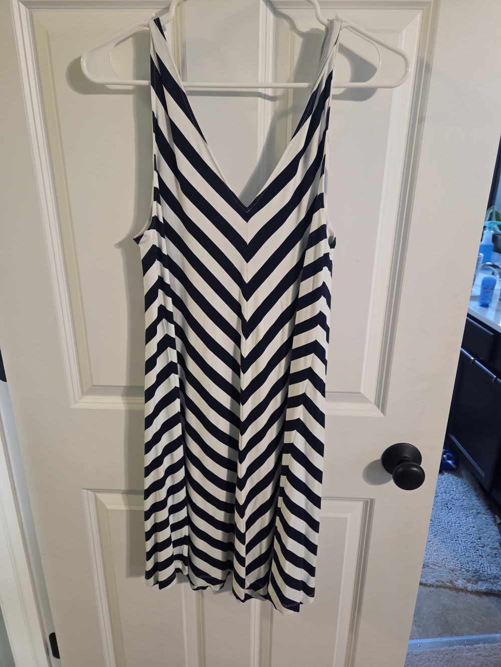 LOFT Navy and White Striped V-Neck Dress Medium